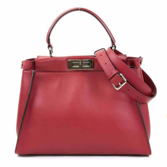 Authentic FENDI Peekaboo Handbag Shoulder Bag Dark Red Leather/Silvertone - Picture 13 of 16